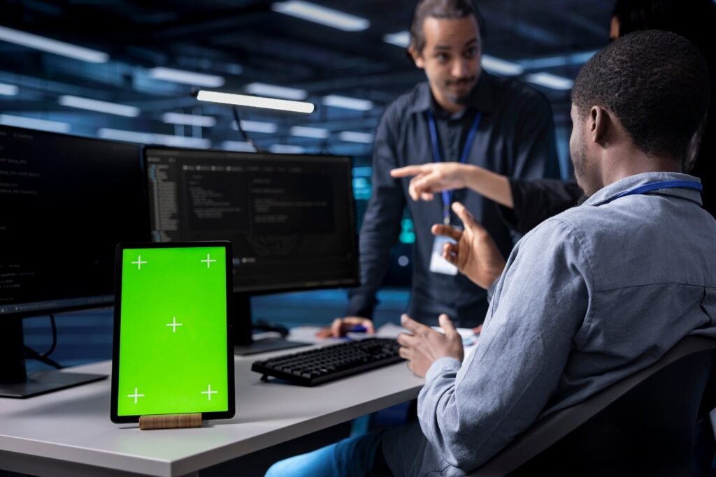 multiethnic team using green screen tablet to oversee servers